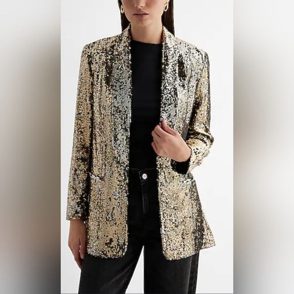 NWT! Posh Gold Sequin Formal Express Women's Open Front Shimmer Party Blazer XS - Picture 5 of 17